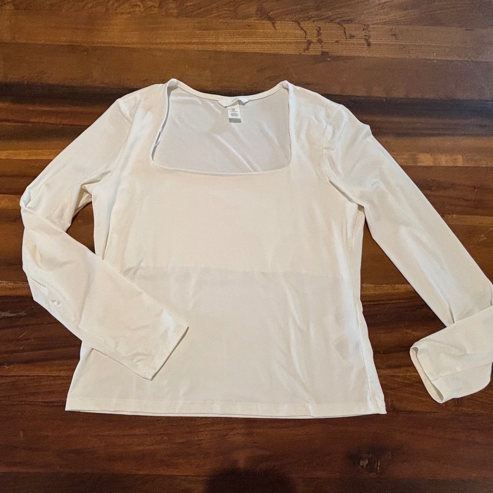 H&M Women Off White Square Neck Long Sleeve Top Jersey Stretch Size L